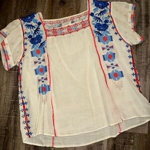 Johnny Was Workshop Embroidered Boho Blouse XL Red Blue Floral Gauze Top